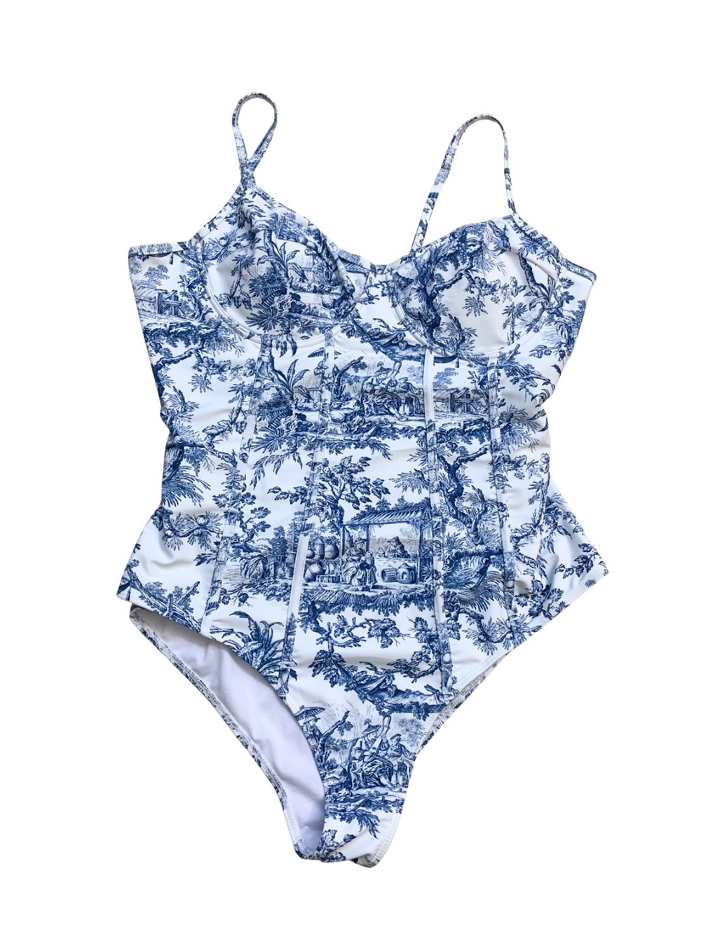 White Blue Toile Art to Wear Print One-Piece Swimsuit Prairie Romantic Coastal